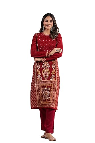 Image of ishin Women's Jacquard Style Ethnic Motifs Straight Winterwear Kurta