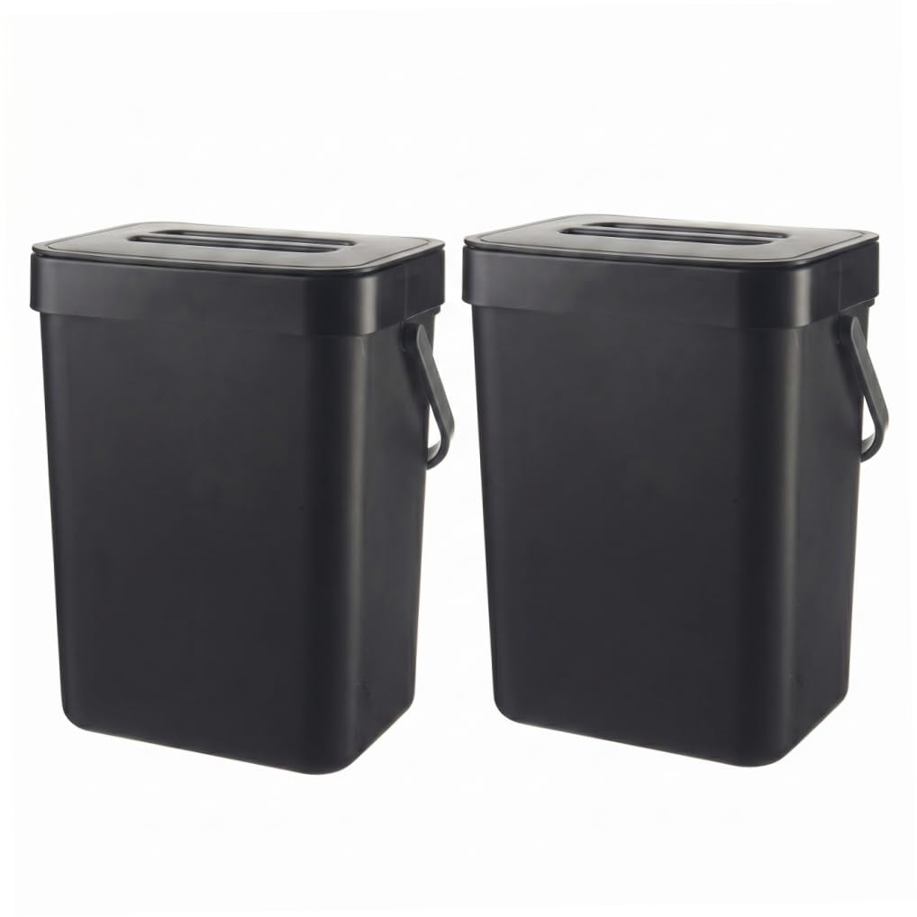 Ngbbby 2PCS Hanging Trash Can, 3L Plastic Wall Mounted Trash Can Kitchen Compost Bin With Lid and Handle, Black, Wall Mounted