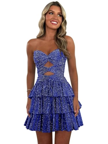 Royal Blue Teens Homecoming Dresses Short Sparkly Sequin Mini Cut Out Tiered Homecoming Dress Beaded Strapless A Line Cocktail Gowns US16