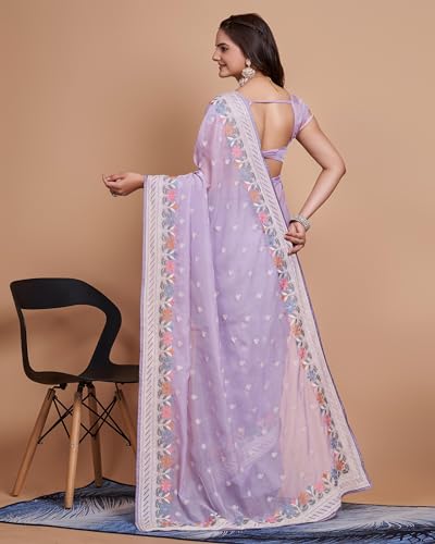 Image of VAIRAGEE Women Soft Organza Embroidery Traditional Flower Pattern Beautiful saree with unstitched blouse piece (6159)