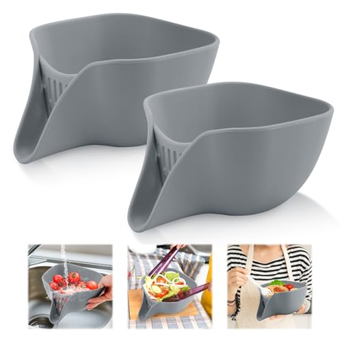 2pcs Multifunctional Silicone Drain Basket with Spout, Kitchen Sink Food Drainer Vegetable Strainer Drainage Basket Funnel, Fruit Cleaning Colander Bowl Pasta Washing Strainer Rinser Accessory (Gray)