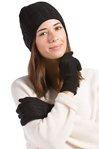 Fishers Finery Women's 100% Pure Cashmere Hat & Glove Set with Exquisite Box (Black)