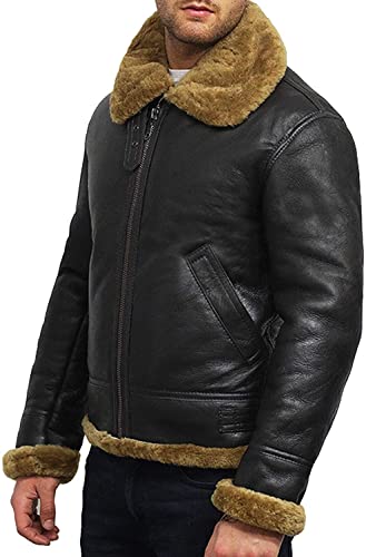 BRANDSLOCK Mens Flying B3 Genuine Shearling Sheepskin Leather Bomber Jacket2