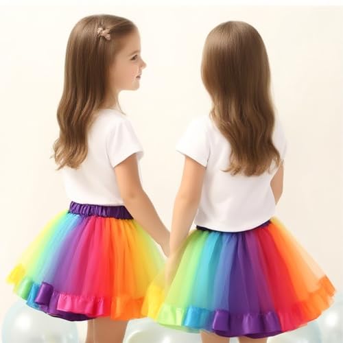GWAWG 2 Stück Tutu-Röcke Set,Ballett mit Haarschleife,Mädchen Kinder Regenbogen Tüllrock,Neon-Tanzkleid