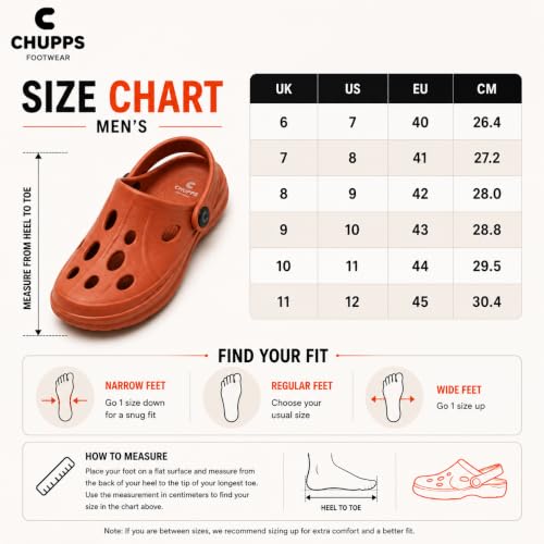 Image of CHUPPS Gator Clogs for Men | Lightweight EVA Clogs | Anti-Slip Sole | Cushioned Footbed | Breathable Ventilation | Adjustable Back Strap | Waterproof Casual Garden Clogs for Men