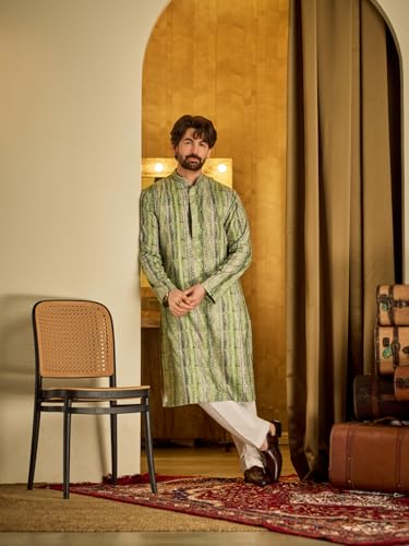 Image of SOJANYA Men's Cotton Silk Printed Green Kurta | Designer Long Ethnic Outfit for Navratri, Garba Nights & Puja