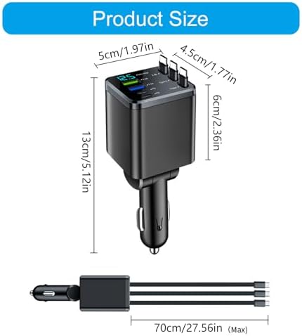 3 Type C Car Charges with Retractable Cable 180 Adjustable Head Overheating 27.5inch for Multiple Devices Rotatable USB C Car Charges - 2