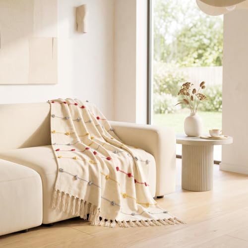Image of SAJAVAT HOME Hand Knitted Cotton Sofa Throw Blanket for Sofa, Bed, Couch & Chair | Soft All-Season Throw | 80 x 52 Inches (204 x 132 cm) | Beige Multi with Tassels