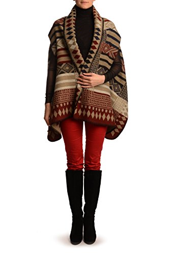 Poncho aztèque beige et bleu marine à franges - Cape imprimée colorée