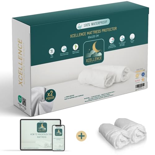 2 Stück Matratzenschoner, 60 x 120 cm, wasserdicht, geräuscharm, atmungsaktiv, 100 % Bambus, Höhe 15 cm, natürlich gegen Milben und Bakterien – Spannbetttuch-Form – Bonus