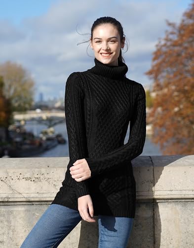 Image of v28 Women's Cotton Turtle Cowl Neck Aran Fishermen Fair Isle Cable Knit Sweater