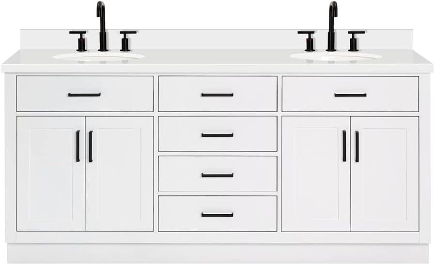 ARIEL Hepburn 72-inch Bathroom Vanity with Sink,Solid Wood, 1.5-inch Pure White Quartz Countertop & Backsplash, Double Oval Porcelain Sink, 4 Soft Closing Doors, 6 Dovetail Drawers, White
