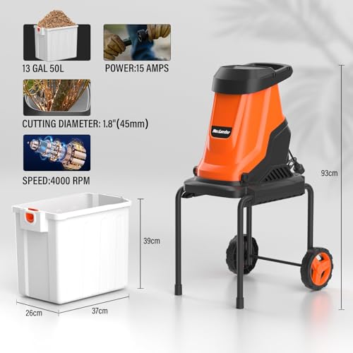 Image of MAXLANDER 15-Amp Electric Wood Chipper Shredder with 50L Collection Bin, 1.8-Inch Cutting Diameter for Yard Waste & Branches, Efficient Mulcher for Composting, 15:1 Reduction Ratio