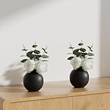 Nztze Artificial Flowers with Ceramic Vase, 2 PCS Fake Plants Combination of Six White Roses and Greenery, Small Plant Potted for Offices, Indoor, Bookshelf, Bedroom, Living Room, Wedding Decorations