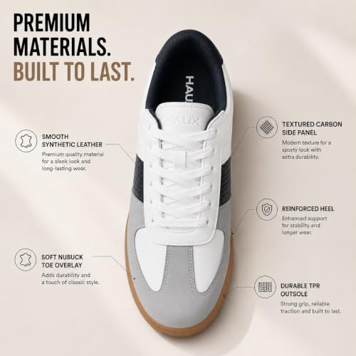 Image of HAUX Men's Retro Low Top Sneakers | Gum Sole Casual Shoes for Men | Classic Samba Style White Black Sneakers | Lightweight Comfortable Lace Up Shoes for Office College