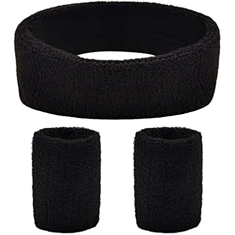 BLMHTWO 3 Pieces of Sweat Band Set, Headbands for Men Kids Sweatbands Including 1 Headband and 2 Wristbands Black Cotton Super Soft and Comfy Sweatband for Tennis Working Out Boxing Gym Exercise Cover