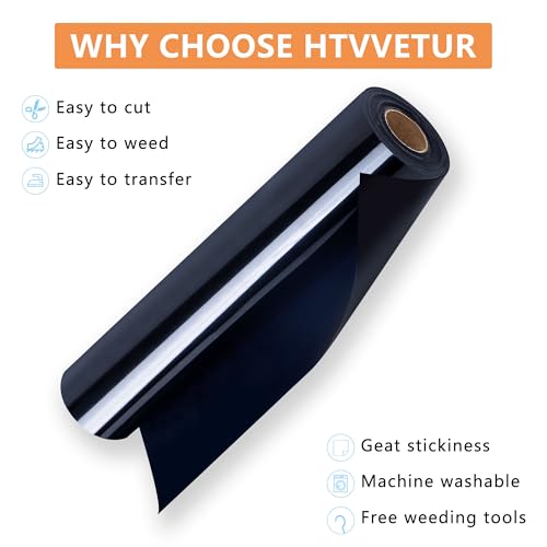 Image of HTVVETUR Black HTV Iron on Vinyl 12Inch by 35ft Heat Transfer Vinyl for T-Shirt HTV Rolls for All Cutter Machine - Easy to Cut & Weed (35ft, Black)