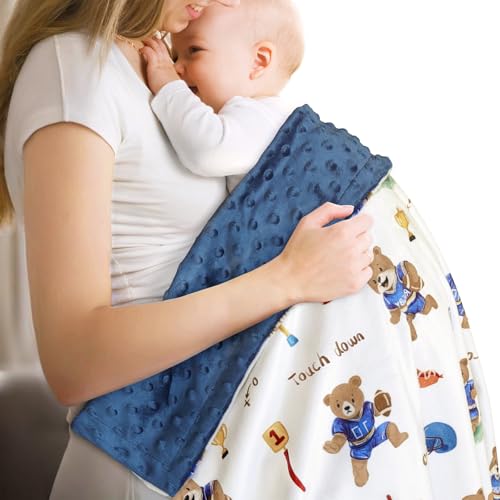 Image of BORITAR Baby Blanket with Football Pattern for Boys, Super Soft Nursery Minky Blanket with Lovely Bear Woodland Animal, Double Layer with Dotted Backing for Newborn Toddler Infant, 30 x 40 Inch