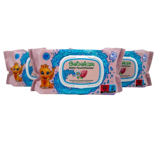 Bebelan Toallitas húmedas para bebés recién nacidos y bebés 0+ con extractos de agua pura, de Sumach y manzanilla con efecto antiséptico (240 unidades) (3 unidades)