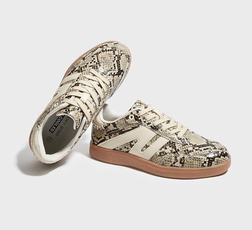 Image of LUCKY STEP Women Retro Gum Sole Fashion Sneakers | Genuine Leather Classic Tennis Skate Walking Shoes Anti Slip Trainers