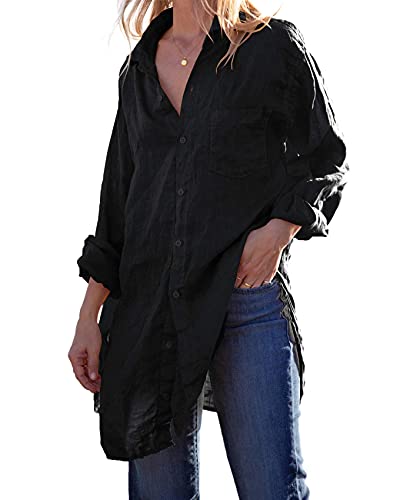 runcati womens button down shirts linen cotton long sleeve blouse tunic tops cover up shirt loose beach bikini dress