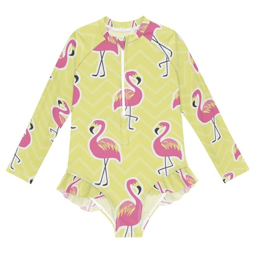 susiyo Pink Flamingo on Bright Yellow Girls One Piece Swimsuits Long Sleeve Bathing Suits Cute Ruffle Swimwear - 9-10T