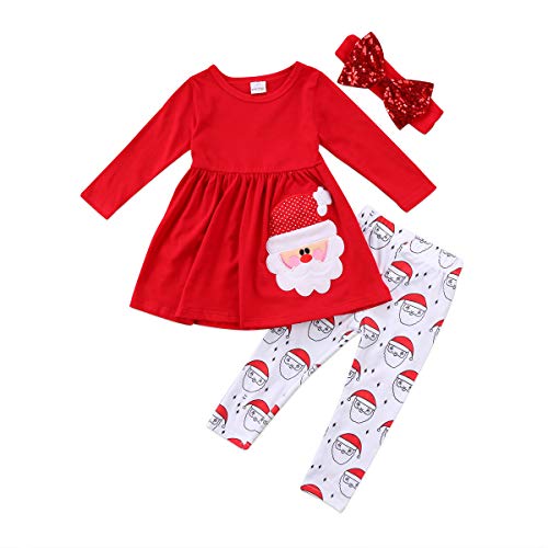 Toddler Kids Baby Girl Christmas Outfits Long Sleeve Santa Claus Print Top Dress Pants Xmas Clothes Set 12M-7Y (Red, 3T / 4T)