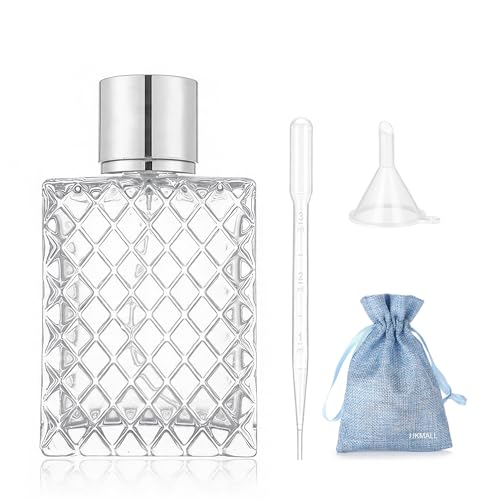 JJKMALL 100ML 3.4oz Glass Spray Bottles for Essential Oils, Perfumes, Empty Clear Mist Spray Bottle with Silver Aluminum Sprayer - (1Pack) Funnel Filler 3ml Dropper Storage Gift Bag