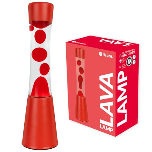 Fisura - Lámpara de lava roja. Base y lava roja con líquido transparente. Lámpara efecto relajante. Con bombilla de repuesto. 11 cm x 11cm x 39,5 cm.