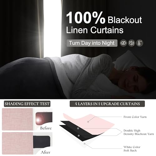 Image of Pink Blackout Thick Linen Drapes 108 Inches Long 2 Panels Set for Bedroom, Extra Long Pinch Pleated Floor to Ceiling Boho Curtains Room Darkening Privacy Ceiling Track Burg for 108 Inch Large Windows