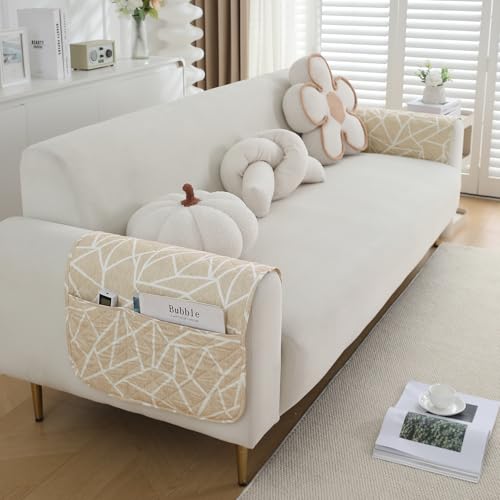 Image of HOKIPO 'Elira Series' Digitally Printed Water Repellent + Waterproof Sofa Armrest Cover with Pockets (2Pcs) - Beige Abstract Geometry (AR-5251-C3*2)