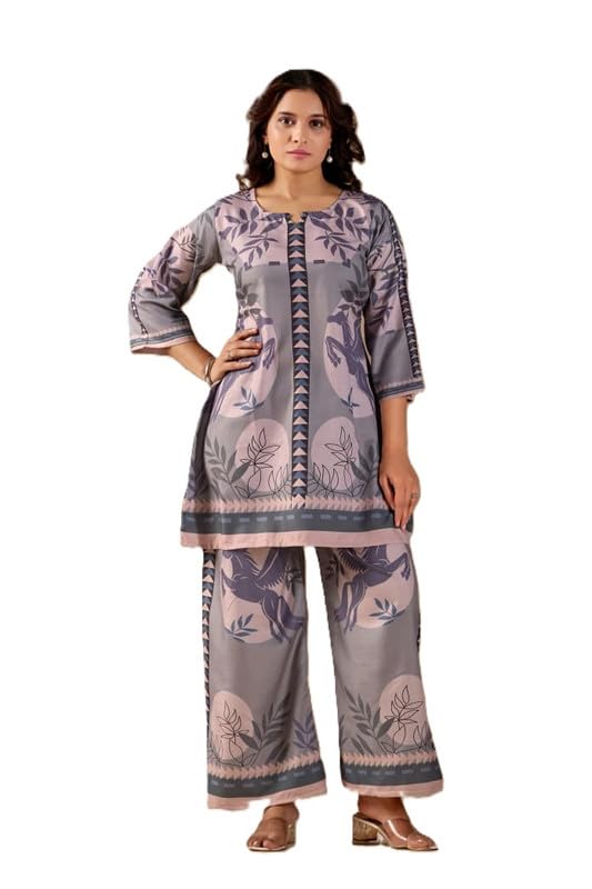 Women’s Premium Floral Co-Ord Set | Kurti Style Relaxed Fit Top & Wide Leg Pants | Two Piece Outfit for Casual, Travel & Daily Wear-image-35