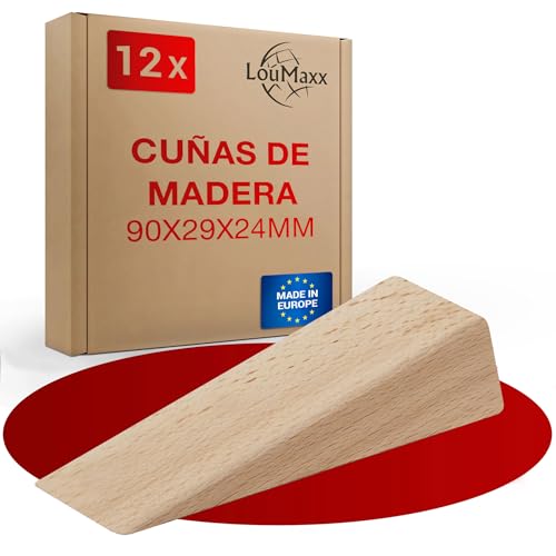 LouMaxx Juego de 12 Cuñas de Madera Pequeñas de Haya Natural, 90 x 29 x 24 mm, Robustas para Puerta, Montaje y Colocación, Fabricadas en
