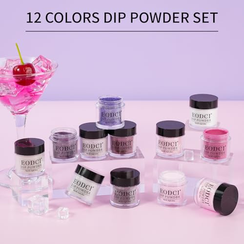 EODCI Nagel Dip Pulver Set, 12 Farben Valentinsnagelkunst Starter Maniküre Salon DIY zu Hause Glitter Nackt Braun Rosa Burgund Lila Keine erforderliche Nagellampe ausgehärtet