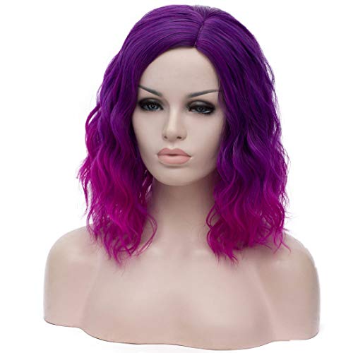 Alacos Ombre Purple Wig for Women 16 Curly Wavy Lolita Anime Cosplay Heat Resistant Wig for Daily Dress Carnival Party Masquerade with Cap Bright Purple Ombre)