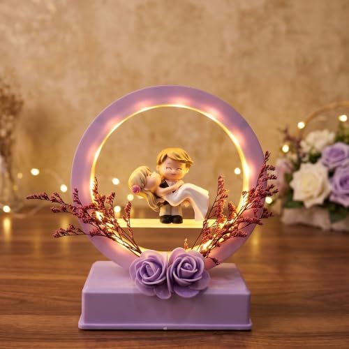 Image of Romantic Couple LED Night Lamp with Miniature Bride & Groom Figurine | Decorative Ring Light Table Lamp with Floral Base Gift for Couples, Wedding Gift, Valentine's Day Gift
