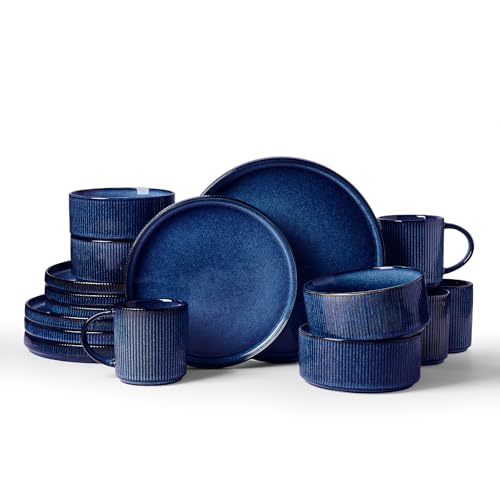 Image of Famiware Star 16-Piece Stoneware Dinnerware Set, Service for 4, Reactive Glaze Mugs, Plates and Bowls, Dishes with Trim, Modern Rustic, Chip /Scratch Resistant, Microwave /Dishwasher Safe, Nebulas Blue