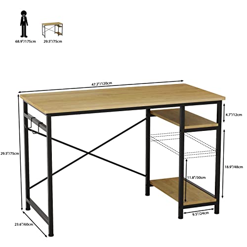 Engriy Writing Computer Desk 47", Home Office Study Desk With 2 Hooks And Storage Shelves On Left Or Right Side, Industrial Simple Workstation Wood Table Metal Frame For Pc Laptop, Natural #TOP2