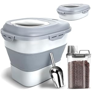 Dog Food Storage Container, Airtight Collapsible 13lb to 30lb Pet Food Container with Flip Top, Rolling Wheel, Scoop and 3L small container for Dog Cat Food and Dry Food of Rice, Flour