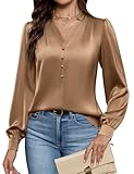 Blooming Jelly Womens Tops Dressy Casual Work V Neck Silk Top Fall Business Casual Blouses Interview Office Attire (S, Camel)