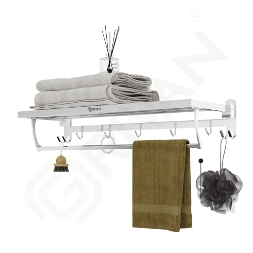 Image of GRIVAN Premium Stainless Steel 24 Inch Foldable Towel Rack /Shelf /Stand for Bathroom, Towel Holder with Hooks and Hanger (Silver Chrome Finish)