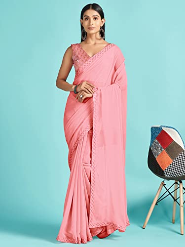 Image of AKHILAM Women's Black Embellished Georgette Saree With Unstitched Blouse Piece