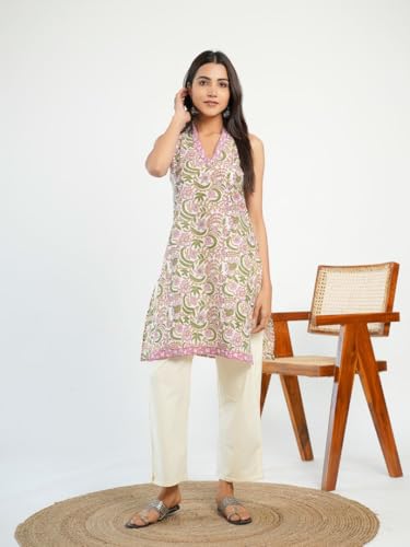 Image of GOODHAND Women Printed Cotton Kurti | Casual Long Kurta | Comfortable Ethnic Wear with Relaxed Fit