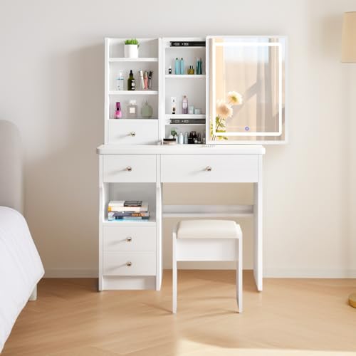 DATO Schminktisch mit LED-Beleuchtung, 3 Farbtemperaturen und Helligkeit Einstellbar, Schminktisch...