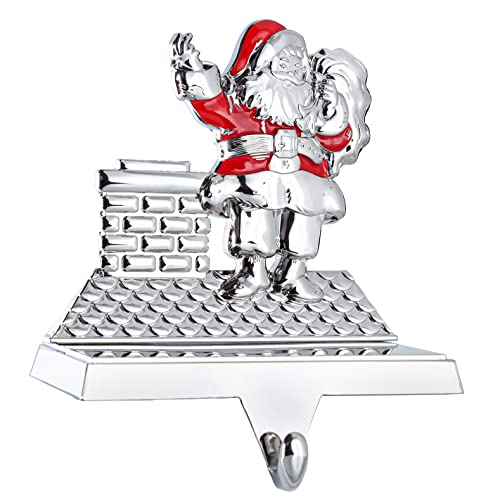 Klikel Stocking Holder - Christmas Santa Stocking Hanger for Mantel - Shiny Silver Metal Santa On Chimney Christmas Stocking Holder for Fireplace Mantle - Heavy Stocking Holder for Mantle with Hook