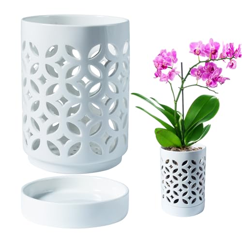 Blumiger Orchid Pot with Holes & Saucers, Ceramic Pots for Repotting, Breathable Slotted Orchid Pots Flower Plant Nursery Pot White 4 Inch