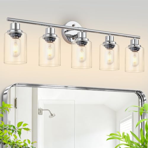 Image of 5-Light Bathroom Light Fixtures, Modern Chrome Vanity Lights for Bathroom with Clear Glass Shade, Wall Lamps for Mirror Hallway Kitchen Cabinet Living Room Sconces Lights