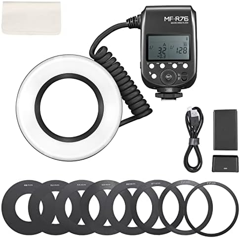 Godox MF-R76 Macro Ring Flash with 8 Adapter Rings, Adjustment 1/128 to 1/1, Rechargeable Lithium Battery, 10 Levels of Power Ratio