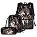 chaqlin Set di 3 librerie scolastiche per ragazzi Gilrs, set di librerie grandi con grazioso astuccio portapenne, portapranzo da picnic da viaggio, Lupo animale nero, Zaino per bambini