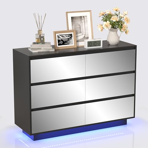 UEV Armoire de Rangement avec 6 Tiroirs, Commode avec Miroir 100cm, Grand Capacité de Stockage,...